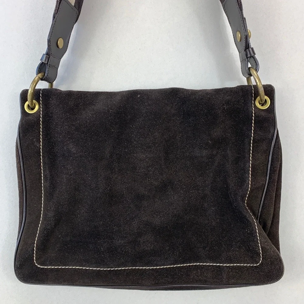 Bally Trensa Foldover Suede Shoulder Bag Womens OS Brown Italy Vintage Leather